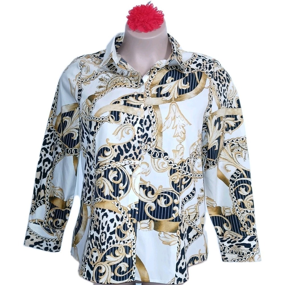 Chico's Royal Cheetah Women Button Down Shirt Top 2 Ivory Gold No Iron Cotton